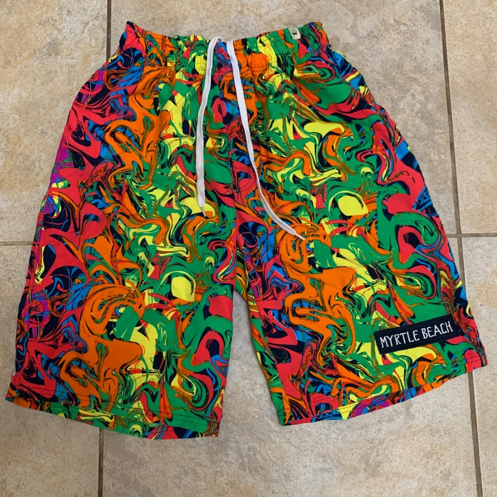 American Crown Swim‎ Trunks Mens M Myrtle Beach Psychedelic Neon Swirl Mesh